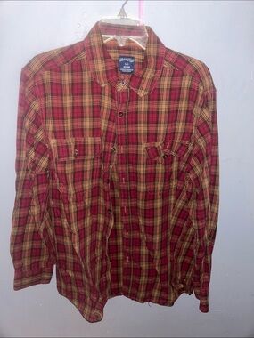 Faded Glory Red and Tan Plaid Long-Sleeve Button-Down Shirt